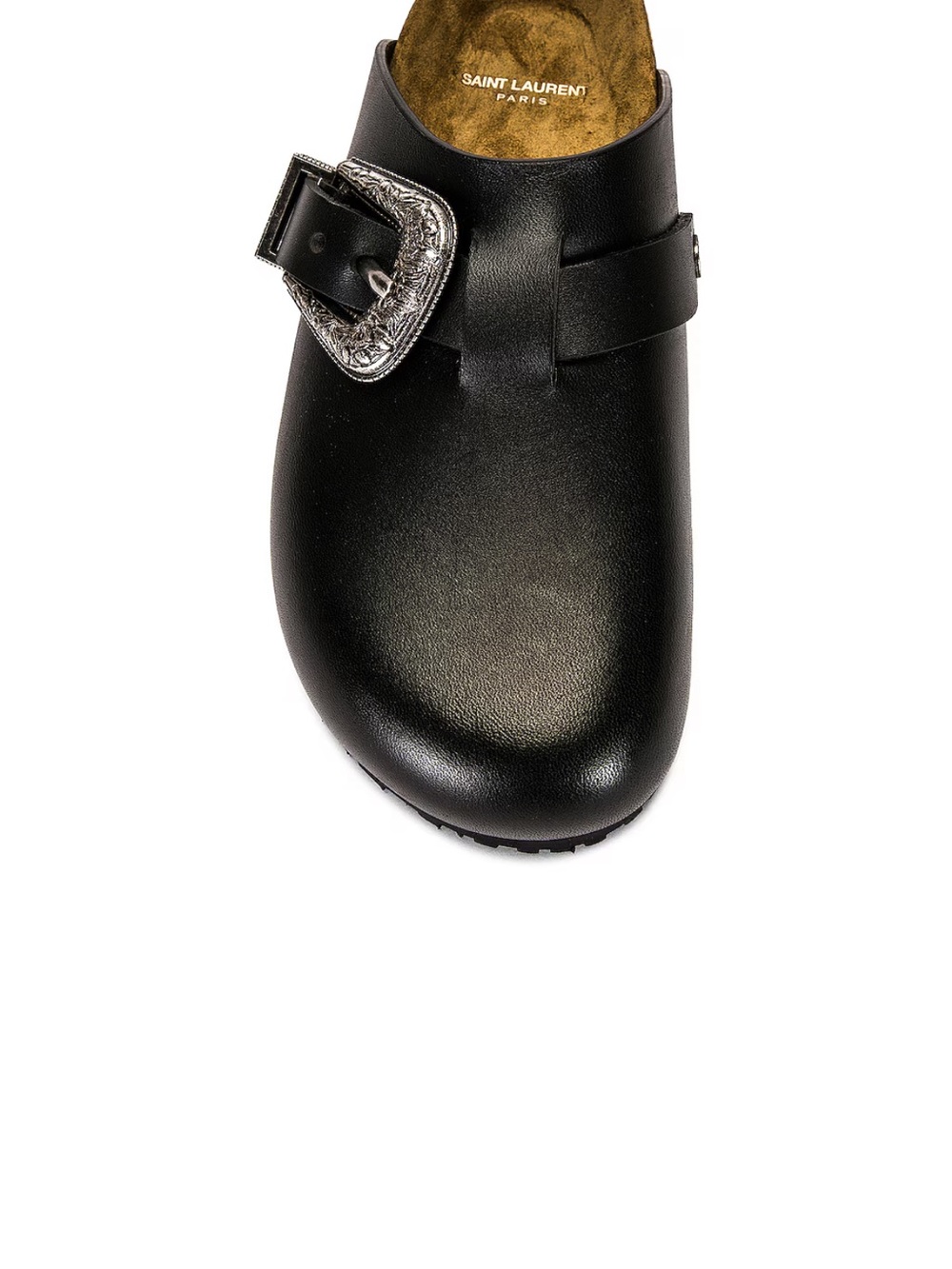 Saint Laurent Black Leather Slip-On Clog with Decorative Buckle